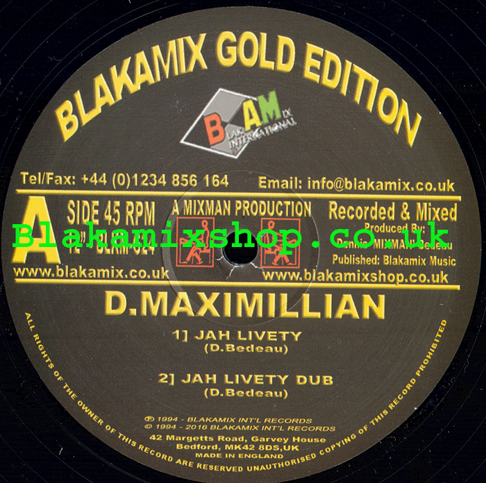 12" Jah Livety/Jah Live- D. MAXIMILLIAN/JAH WHOOSH